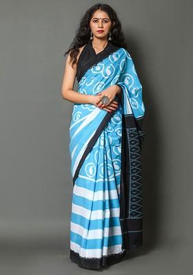Blue Printed Blended Saree Set