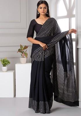Black Embroidered Blended Saree Set