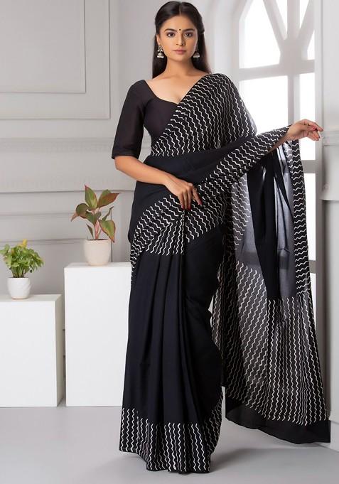 Black Embroidered Blended Saree Set