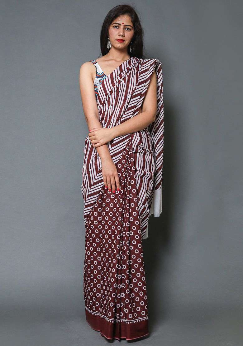 Maroon Embroidered Blended Saree Set - Indya