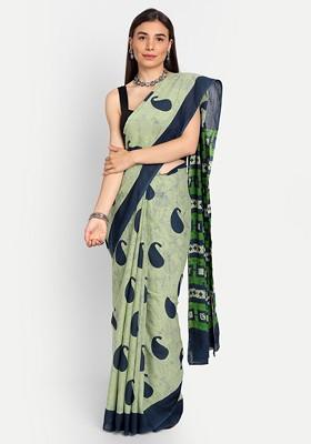 Green Printed Blended Saree Set