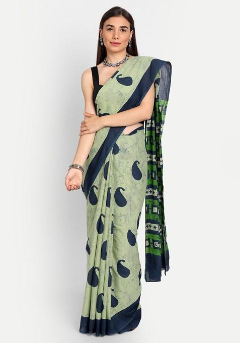 Green Printed Blended Saree Set