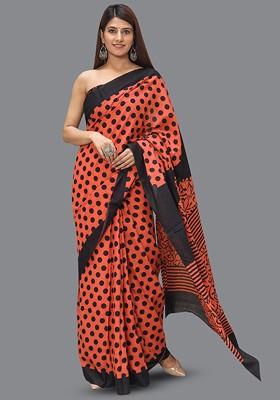 Peach Printed Blended Saree Set