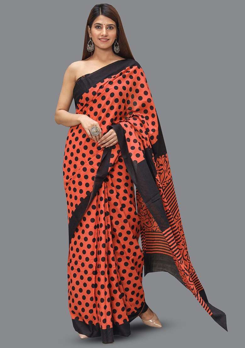 Peach Printed Blended Saree Set - Indya