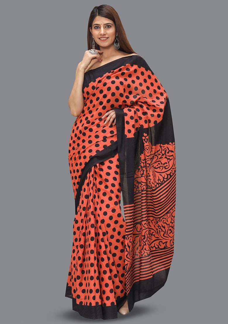 Peach Printed Blended Saree Set - Indya
