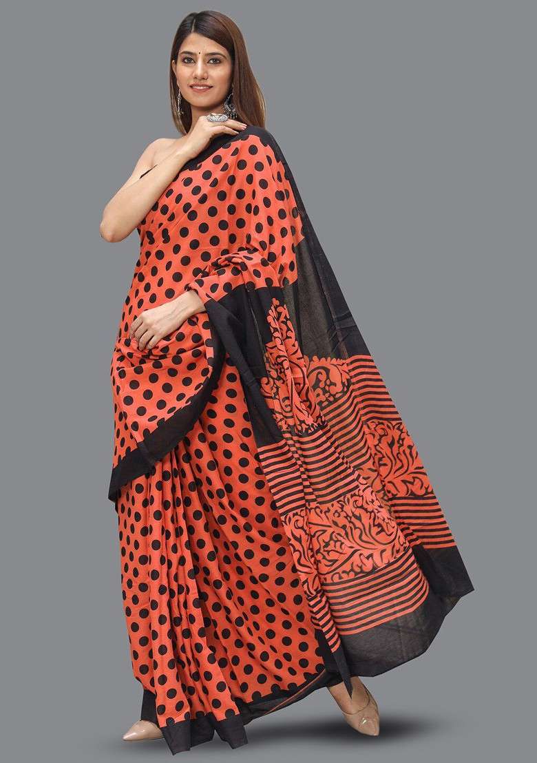 Peach Printed Blended Saree Set - Indya