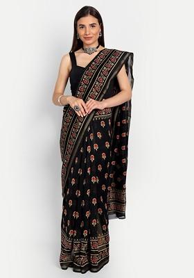 Black Printed Blended Saree Set