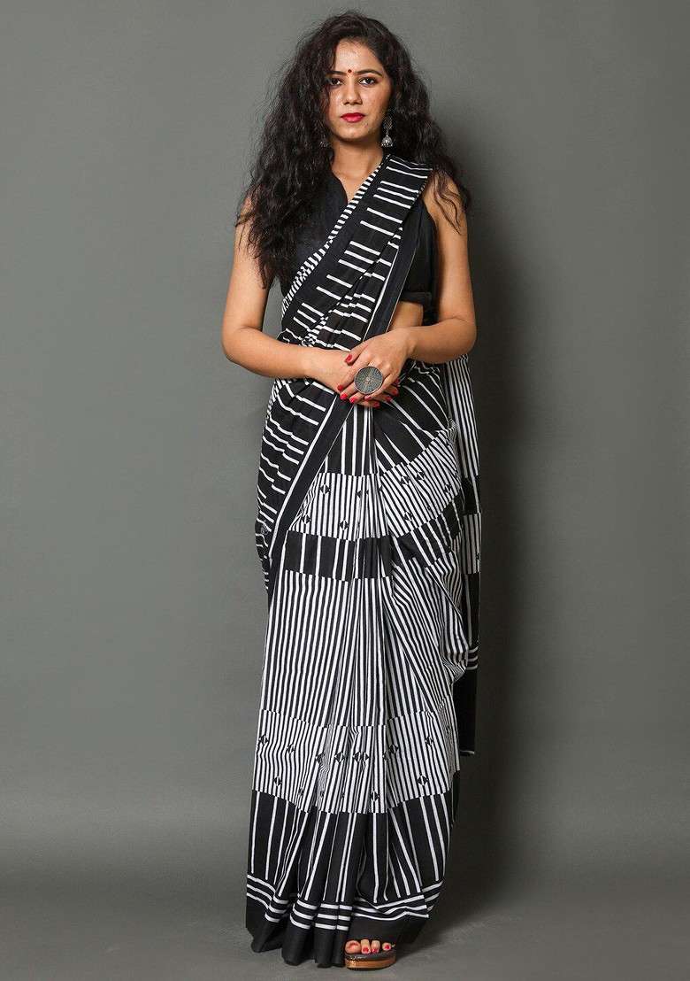 Black Embroidered Blended Saree Set - Indya