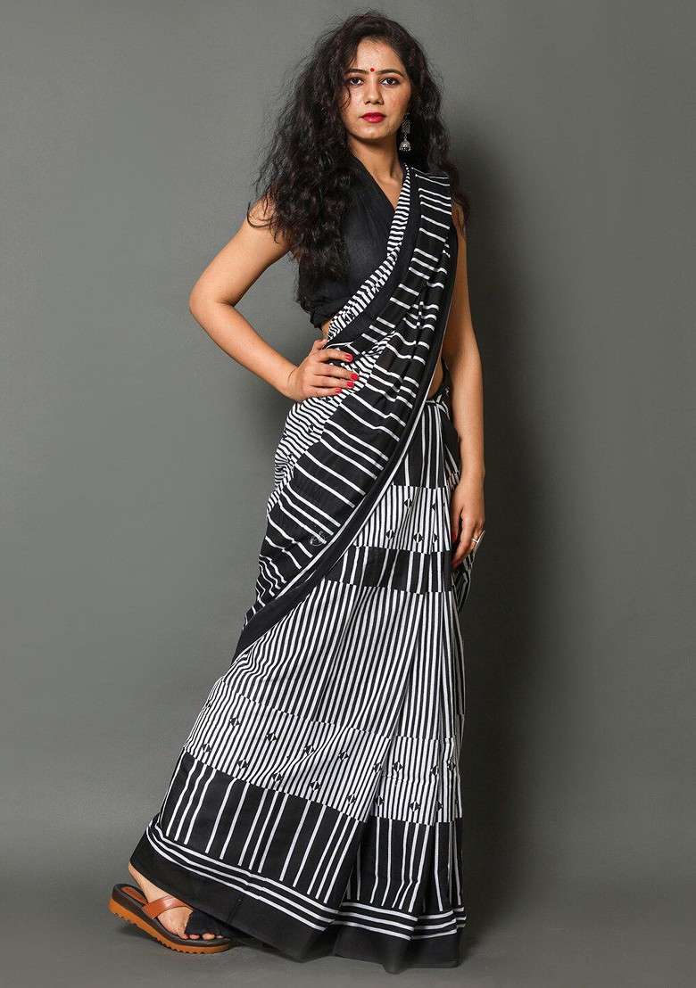 Black Embroidered Blended Saree Set - Indya