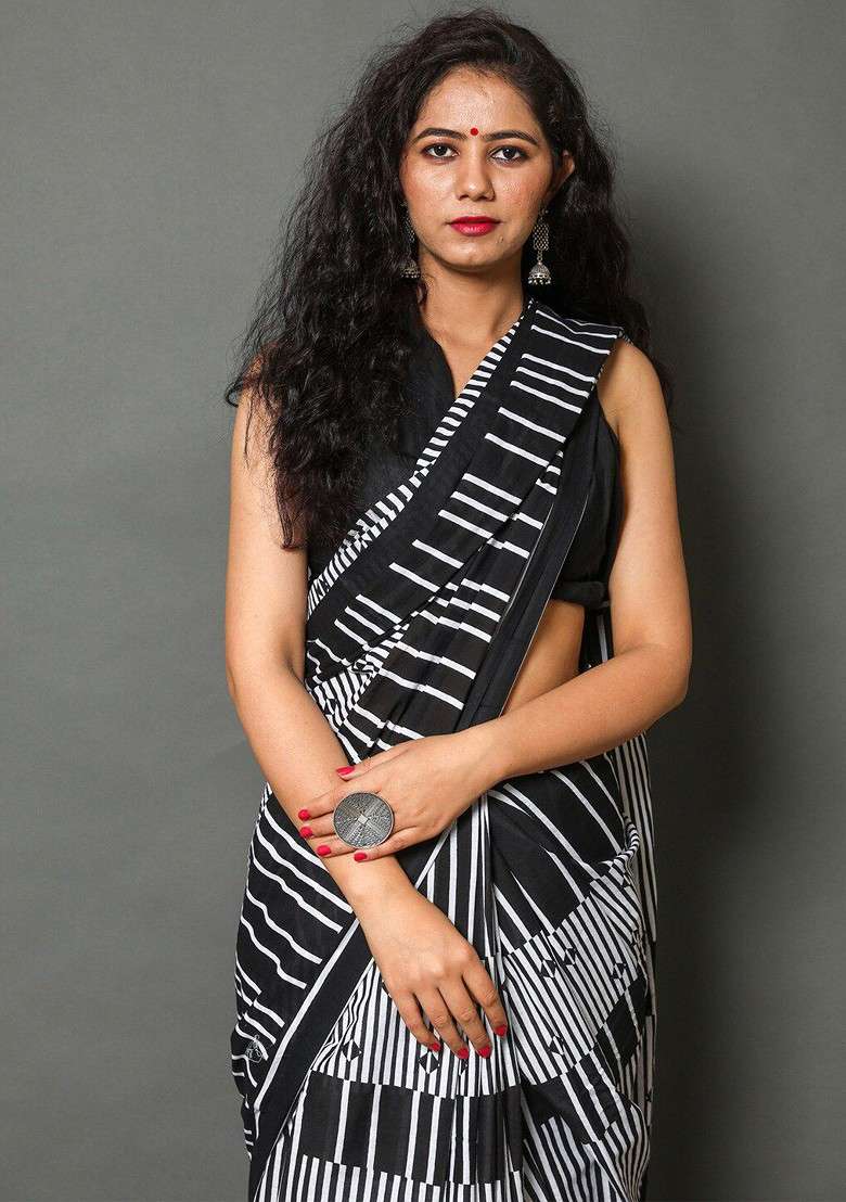 Black Embroidered Blended Saree Set - Indya