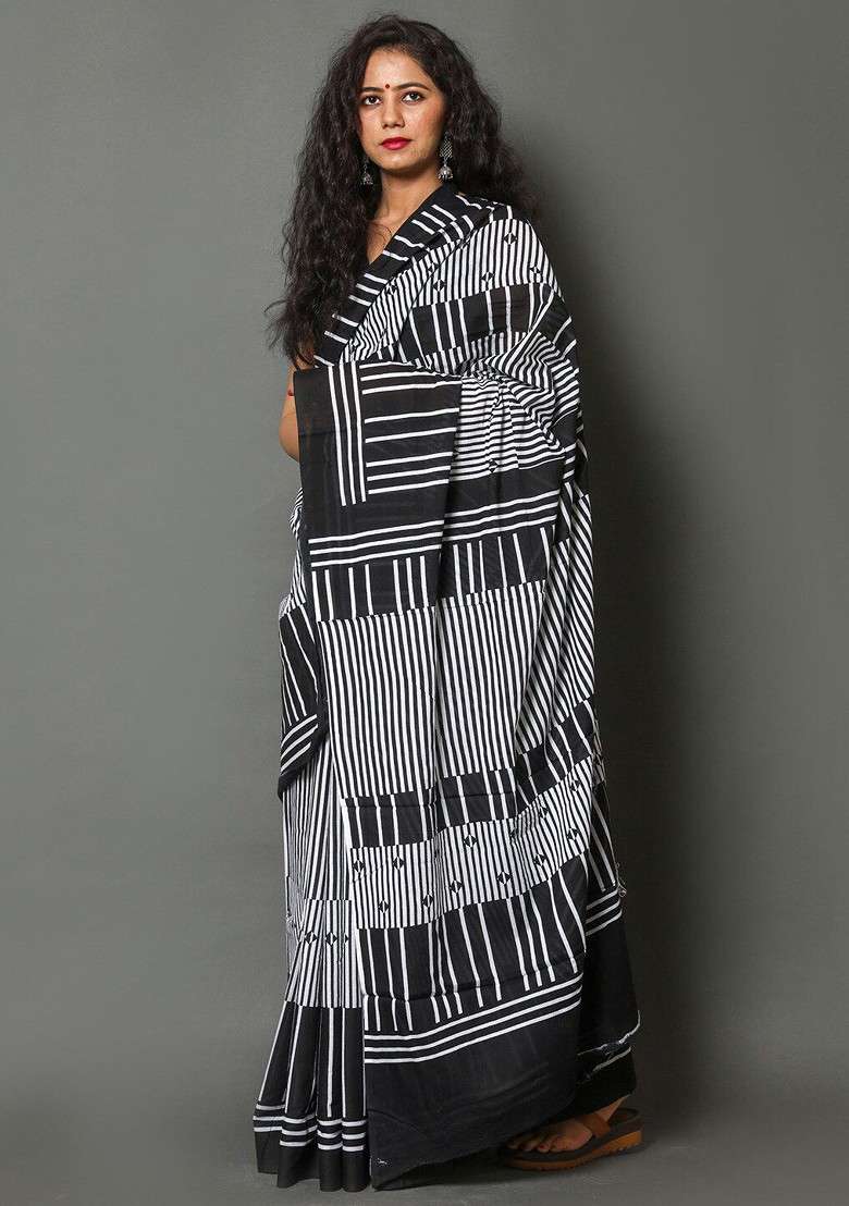 Black Embroidered Blended Saree Set - Indya