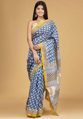 Blue Printed Blended Saree Set