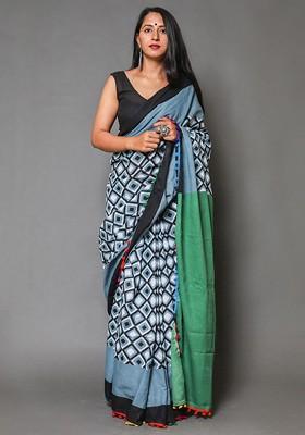 Grey Printed Blended Saree Set