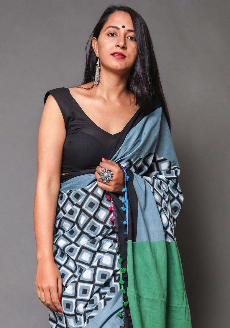 Grey Printed Blended Saree Set - Indya