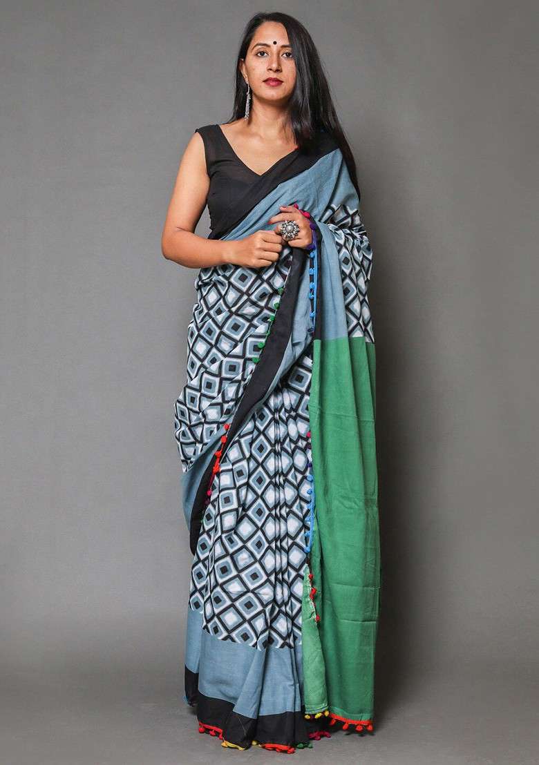 Grey Printed Blended Saree Set - Indya