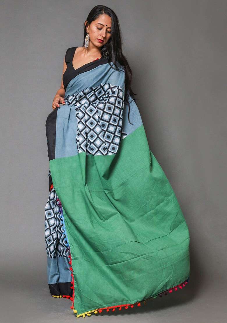 Grey Printed Blended Saree Set - Indya