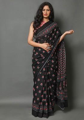 Black Printed Blended Saree Set