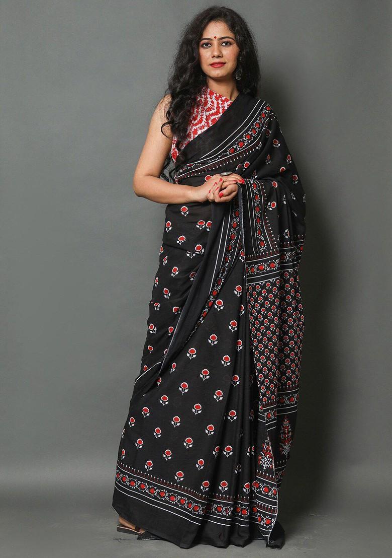 Black Printed Blended Saree Set - Indya