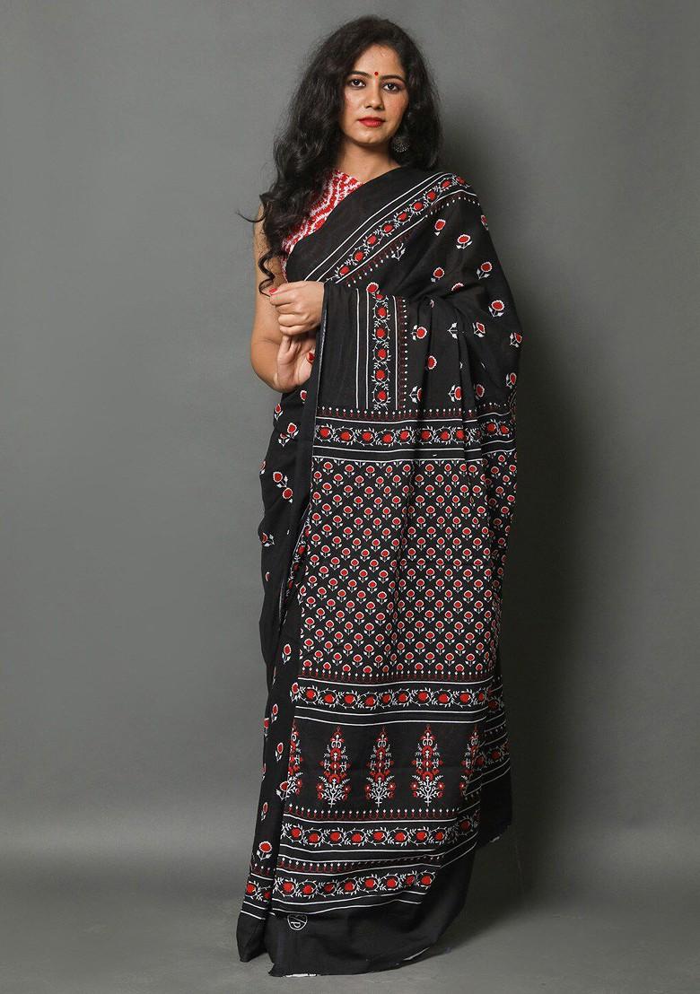 Black Printed Blended Saree Set - Indya