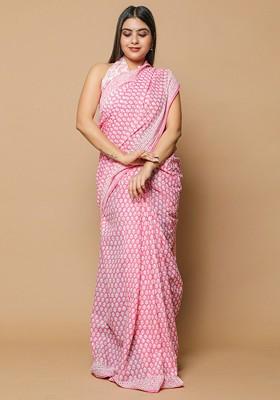 Pink Printed Blended Saree Set