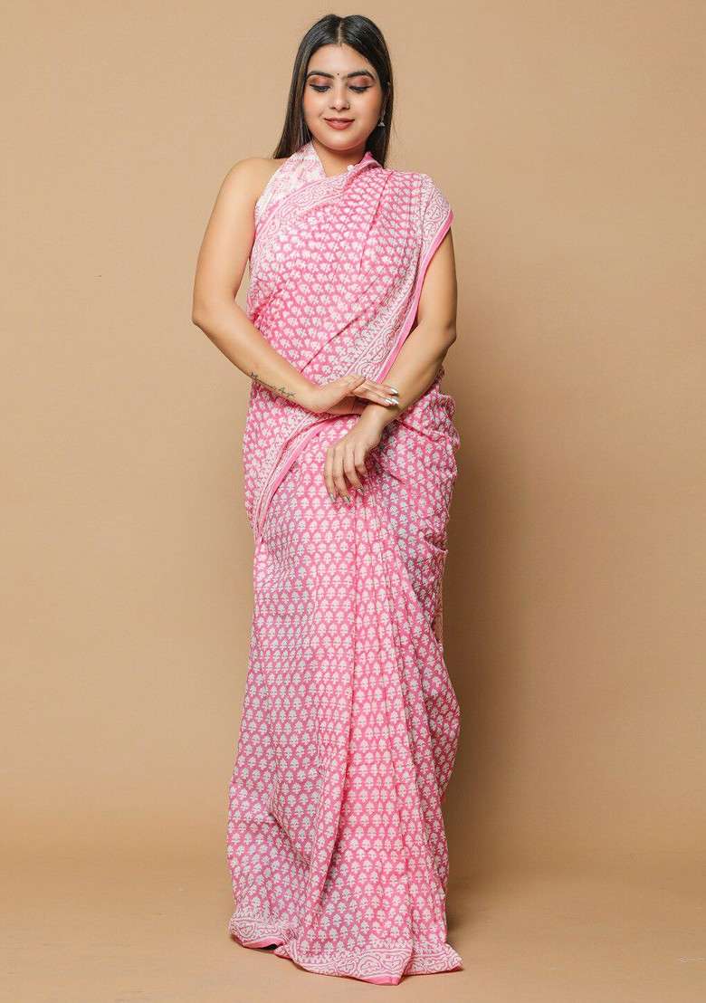 Pink Printed Blended Saree Set - Indya