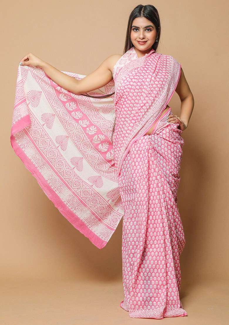 Pink Printed Blended Saree Set - Indya