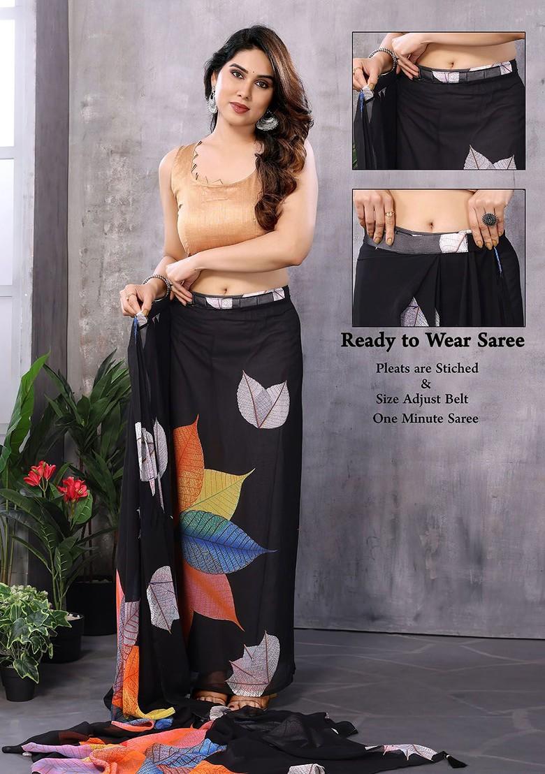 Black Embroidered Blended Saree Set - Indya