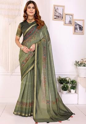 Green Embroidered Blended Saree Set