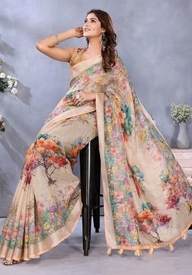 Cream Embroidered Blended Saree Set