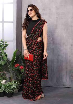 Red Embroidered Blended Saree Set