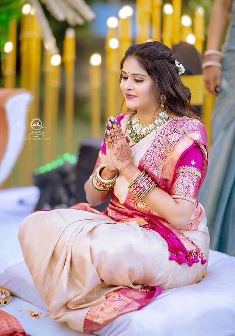 Beige Blended Jacquard Saree Set for Diwali | Wedding & Festive Wear