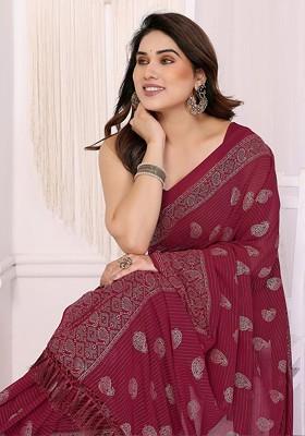 Burgundy Printed Blended Saree Set