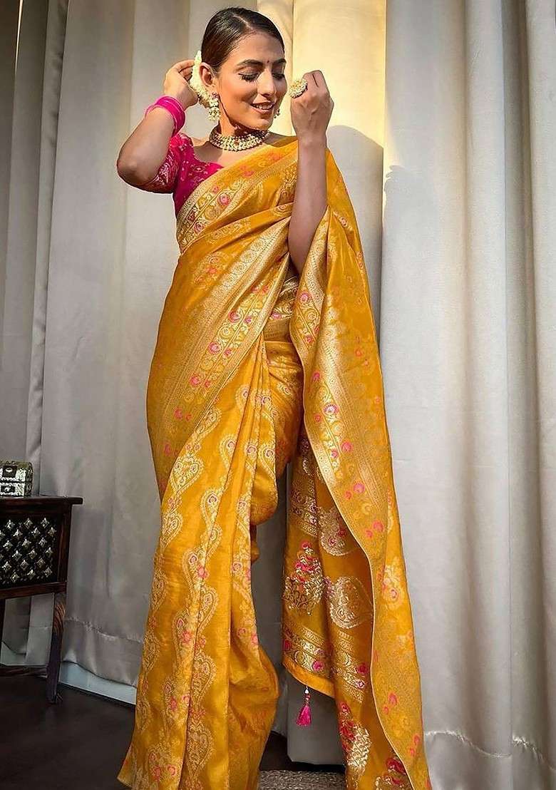 Yellow Blended Saree Set with Embroidered for Diwali | Wedding & Festive Wear - Indya
