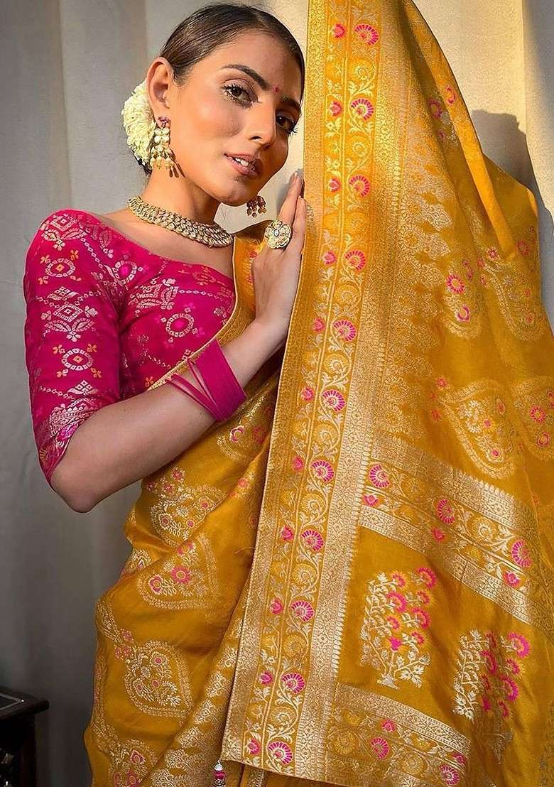 Yellow Blended Saree Set with Embroidered for Diwali | Wedding & Festive Wear - Indya
