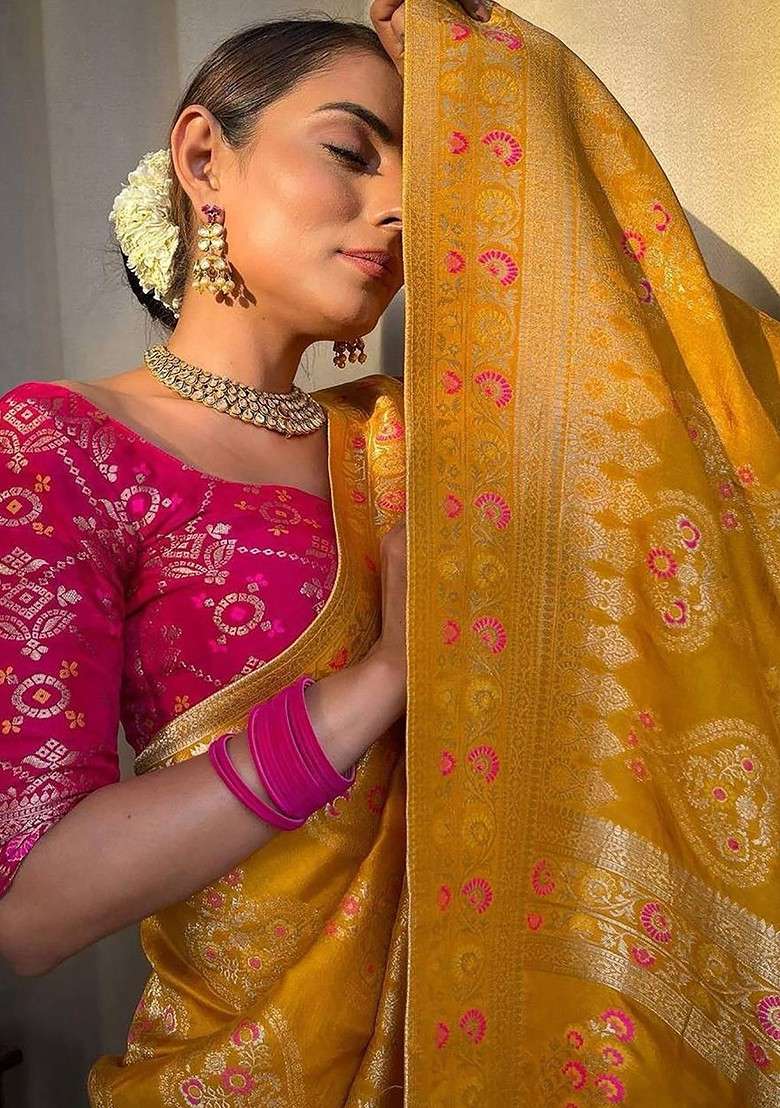 Yellow Blended Saree Set with Embroidered for Diwali | Wedding & Festive Wear - Indya