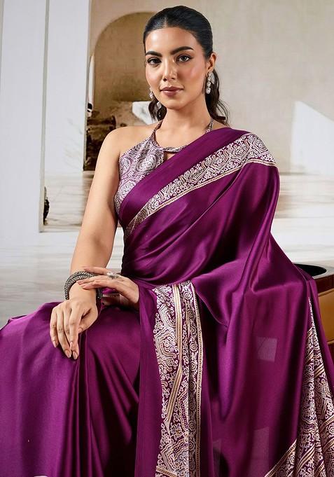 Purple Printed Blended Saree Set
