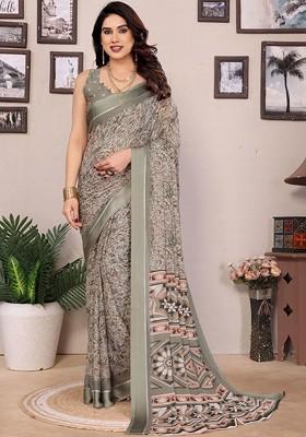 Green Printed Blended Saree Set