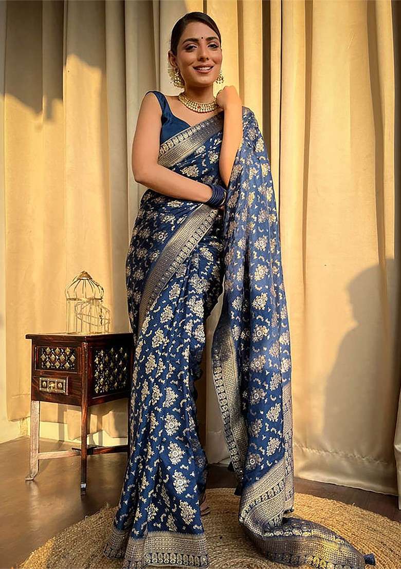 Navy Blue Embroidered Blended Saree Set for Diwali and Festive Wear - Indya