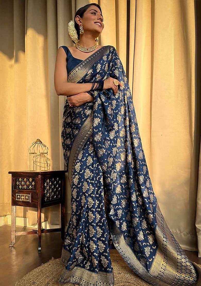 Navy Blue Embroidered Blended Saree Set for Diwali and Festive Wear - Indya