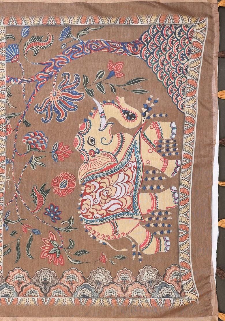 Brown Embroidered Blended Saree Set - Indya