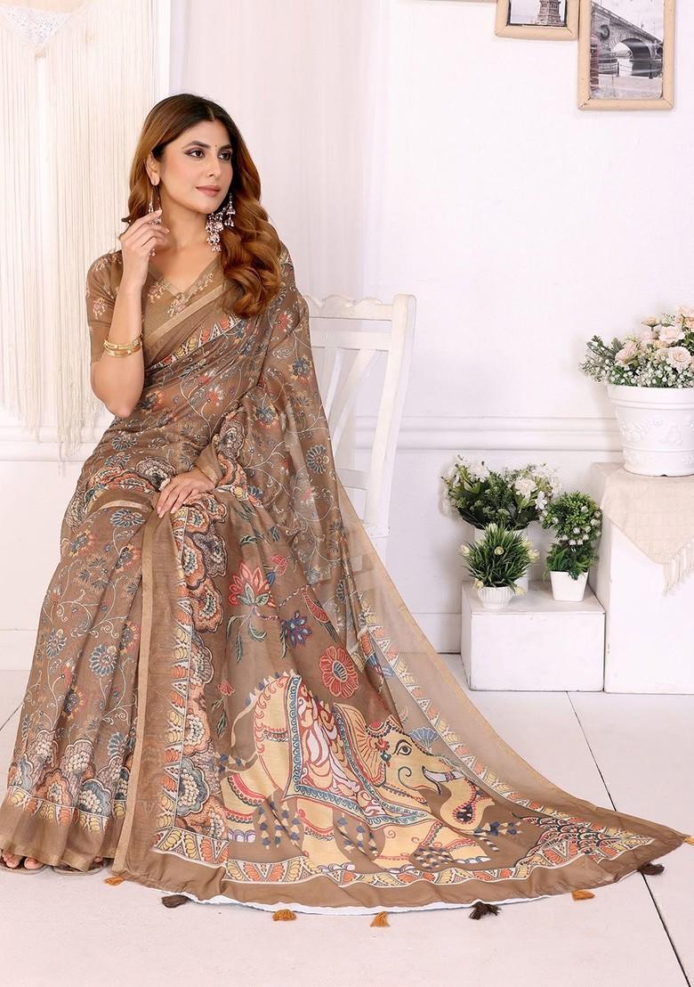 Brown Embroidered Blended Saree Set - Indya