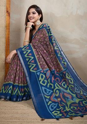 Brown Embroidered Blended Saree Set