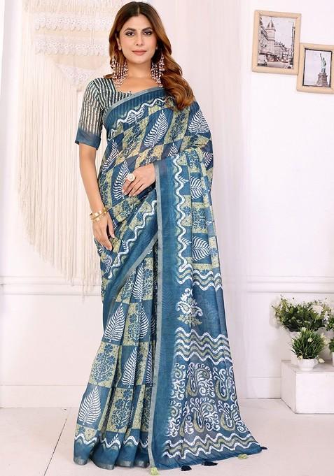 Blue Embroidered Blended Saree Set