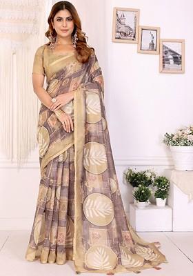 Cream Embroidered Blended Saree Set