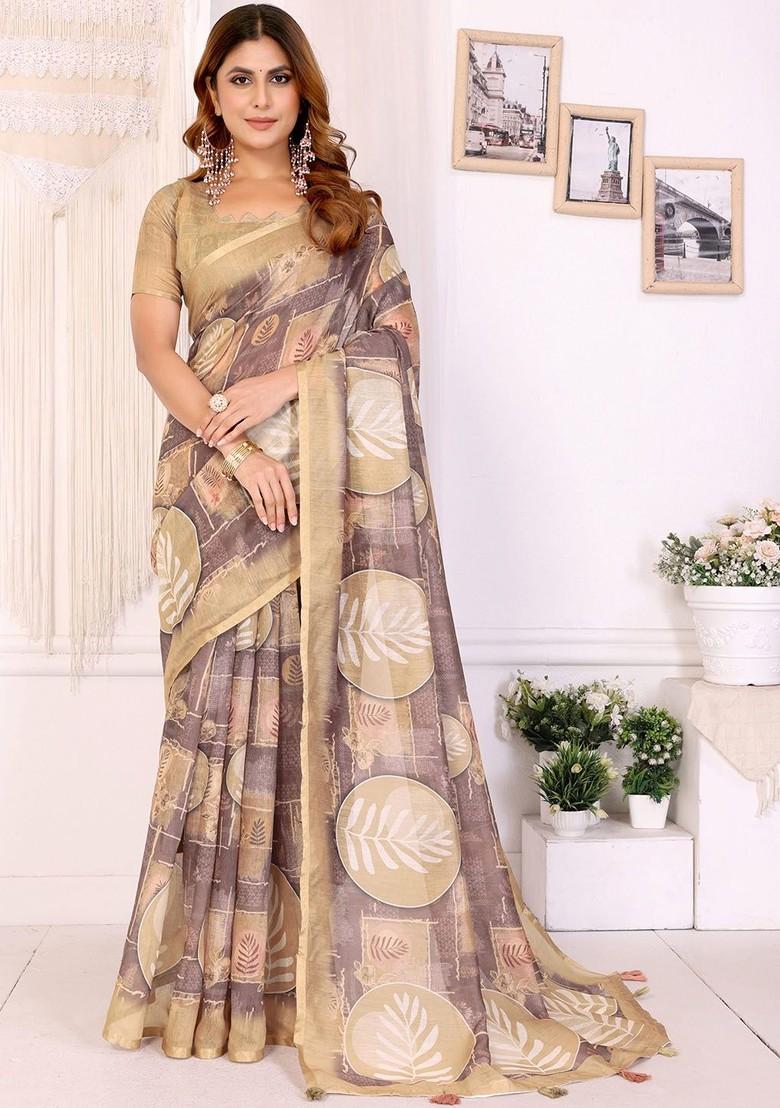 Cream Embroidered Blended Saree Set - Indya