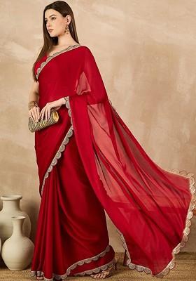 Red Embroidered Blended Saree Set