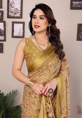 Gold Printed Blended Saree Set