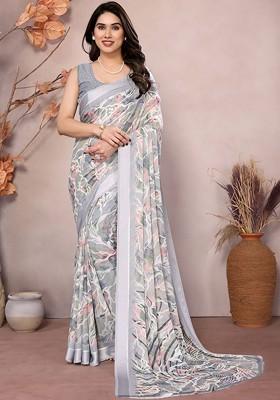 White Embroidered Blended Saree Set