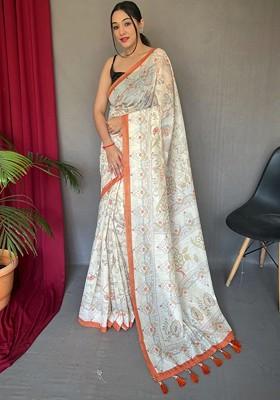 Orange Printed Blended Saree Set