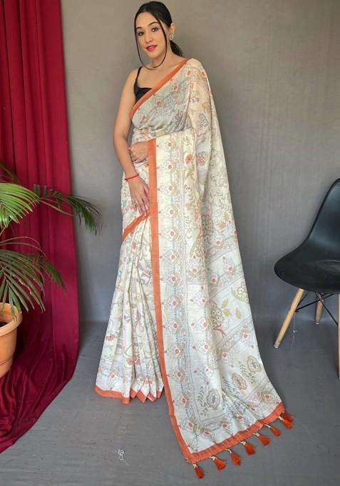 Orange Printed Blended Saree Set